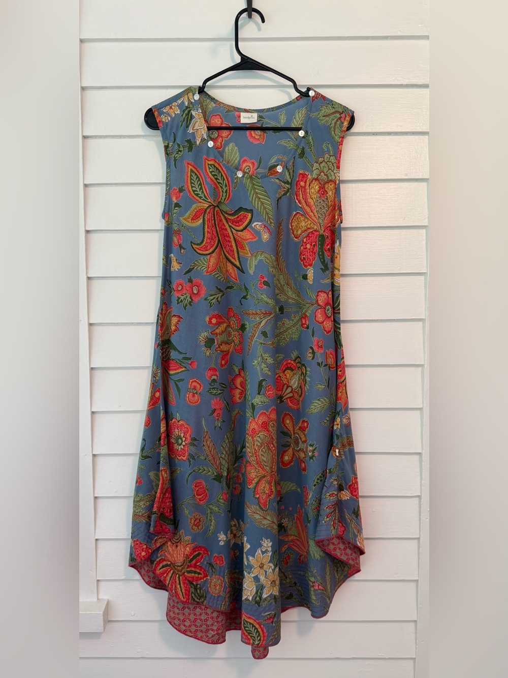 Handprint | Blue Floral Cotton Button Accent Swing Dress Boho Artsy Size Medium